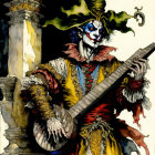 Colorful Medieval Jester Playing Lute Beside Stone Pillar