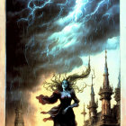 Blue-skinned woman levitates in stormy backdrop with gothic spires