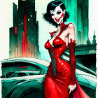 Illustration of woman in red dress next to classic car and futuristic cityscape