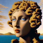 Surreal portrait: Woman with golden headpiece, cloud hair, serene sky, sea, distant