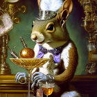 Illustration of a squirrel with pearl necklace serving an orange in luxurious setting