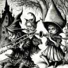 Fantasy illustration of children in witch hats playing wind instruments with spooky castle and barren trees.