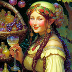 Renaissance-style woman with wine glass and grapes in festive setting