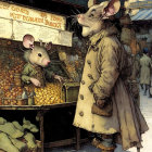 Vintage anthropomorphic mice shopping for fruits at market stall