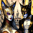 Ornately dressed figures with cat masks in Venetian setting