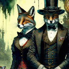 Elegant Victorian attire on anthropomorphic foxes with steampunk backdrop