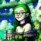 Green-haired fantasy character with cat ears and glasses in front of a whimsical castle