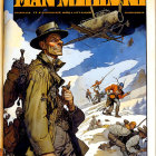 Vintage-style illustration: Pilot, propeller plane, soldiers climbing snowy mountain