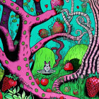 Two Striped Cats in Colorful Psychedelic Jungle with Strawberries, Hearts, & Plants