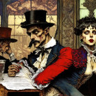 Victorian-era illustration: Man in top hat reading newspaper, elegant woman at café