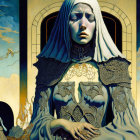 Surreal painting of blue-robed nun with gold detailing