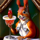 Whimsical painting of squirrel with pearl necklace serving cocktail on lace table