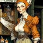 Fox-Headed Woman in Vintage Clothing with Paper in Front of Shelf