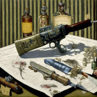 Vintage Still Life with Revolver, Skull, Medical Bottles, and Surgical Instruments