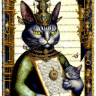 Regal cat with crown and book, adorned with jewelry, on golden background