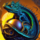 Blue dragon with iridescent scales guarding an egg in fiery orange setting.