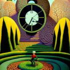 Vibrant surrealist painting of figure raking garden under floating clock