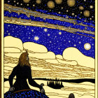 Person Sitting on Hill Under Starry Sky in Blue and Gold Tones