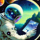 Astronaut with tablet in surreal cosmic landscape