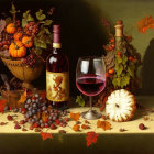 Classic Still Life Painting with Red Wine, Fruits, and Pumpkin