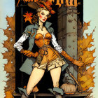 Steampunk-themed woman illustration with corset, jacket, hat, and boiler in autumn setting.