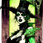 Gothic-style illustration of woman with green skin in Victorian attire