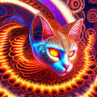 Colorful digital artwork: stylized cat with glowing eyes in psychedelic backdrop