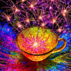 Colorful Floral Teacup with Multicolored Fireworks Background