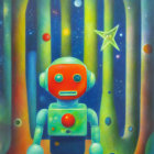 Colorful Whimsical Robot Painting with Star-shaped Head in Fantastical Setting