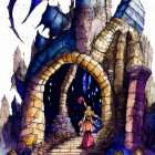 Fantasy castle with dragon sculpture and female character holding staff