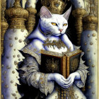 Regal Cat in Blue and Gold Robe with Crown and Book on Throne