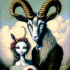 Whimsical anthropomorphic goat painting with birds in cloudy sky