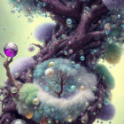 Whimsical artwork of fluffy cats in cosmic tree scene