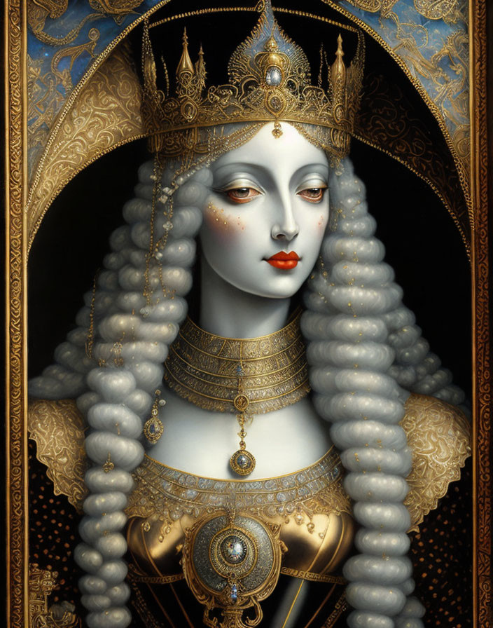 Regal pale-skinned woman with golden crown and jewelry illustration.