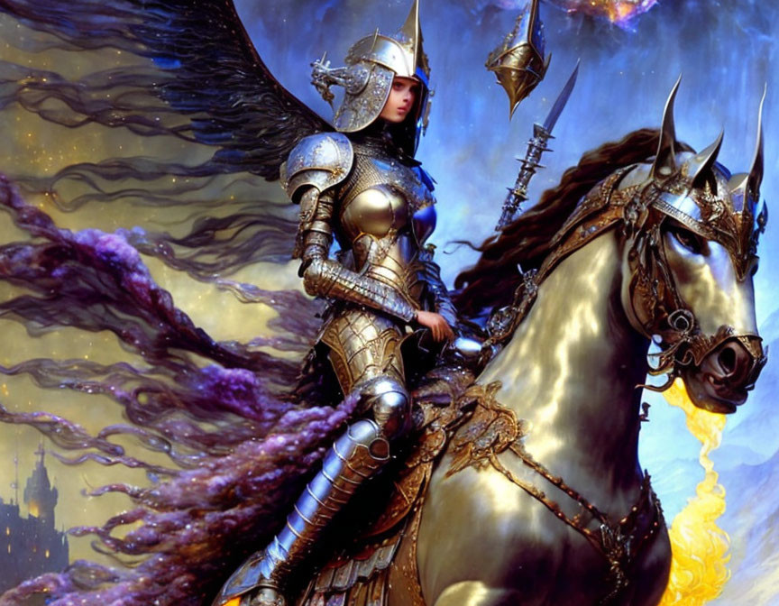 Female Warrior in Silver Armor Riding Horse in Magical Castle Setting