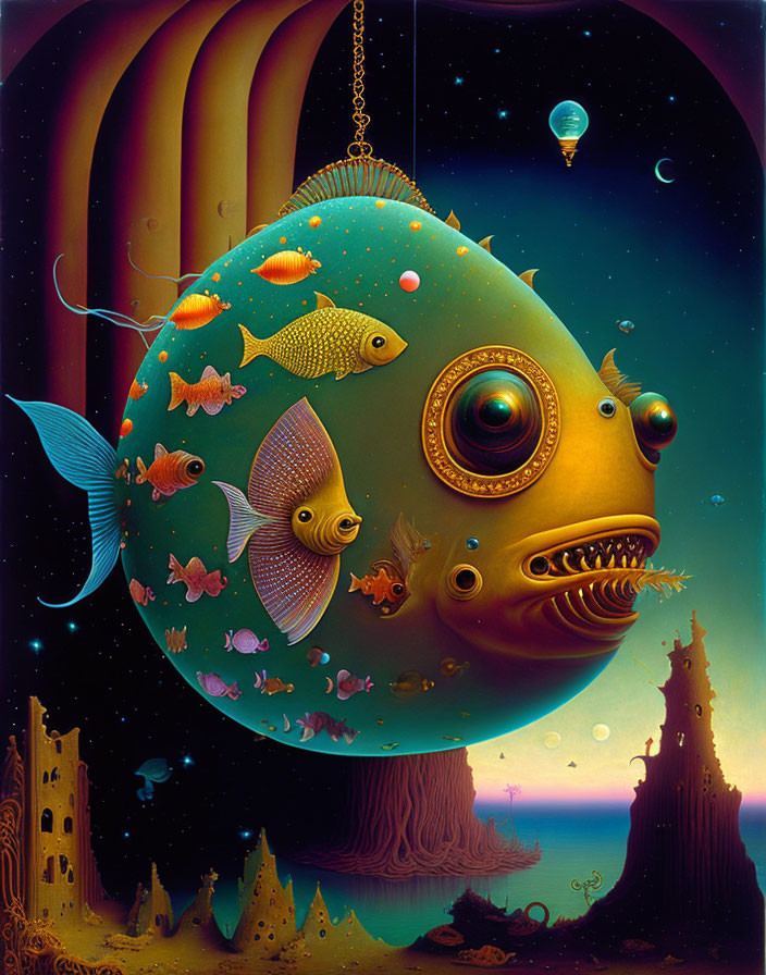 Large round fish with detailed eyes in surreal environment