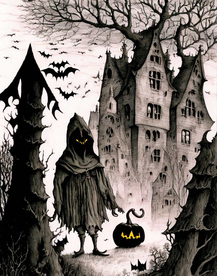 Spooky illustration: Cloaked figure, glowing eyes, pumpkin, eerie castle, barren trees, bats