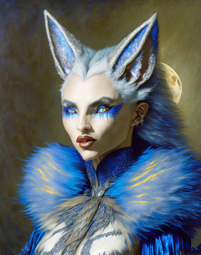 Fantasy creature makeup with pointed ears & blue feathers