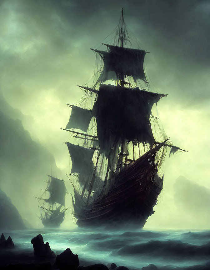 Misty ghost ships with tattered sails near jagged rocks under stormy sky