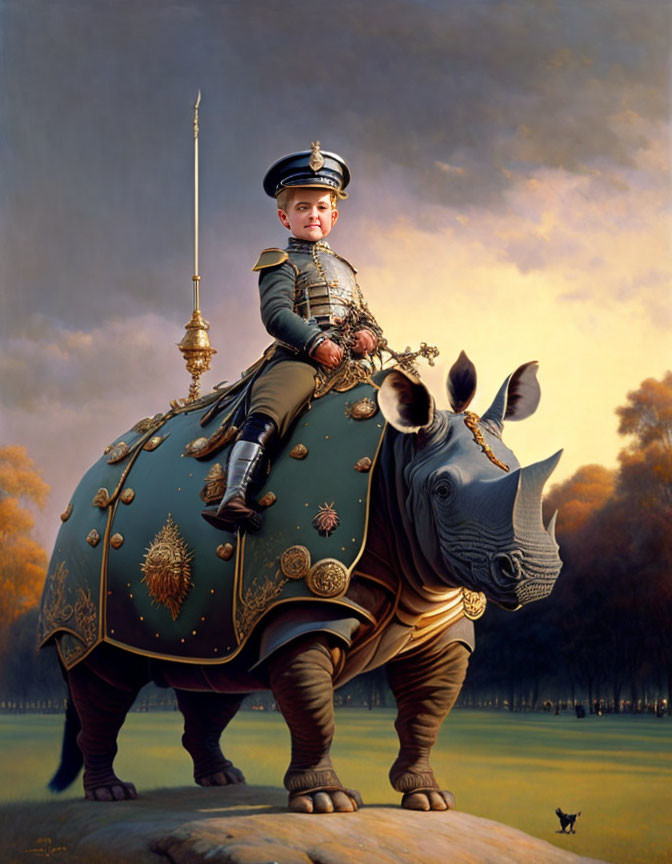 Traditional military uniform person riding armored rhinoceros in serene landscape