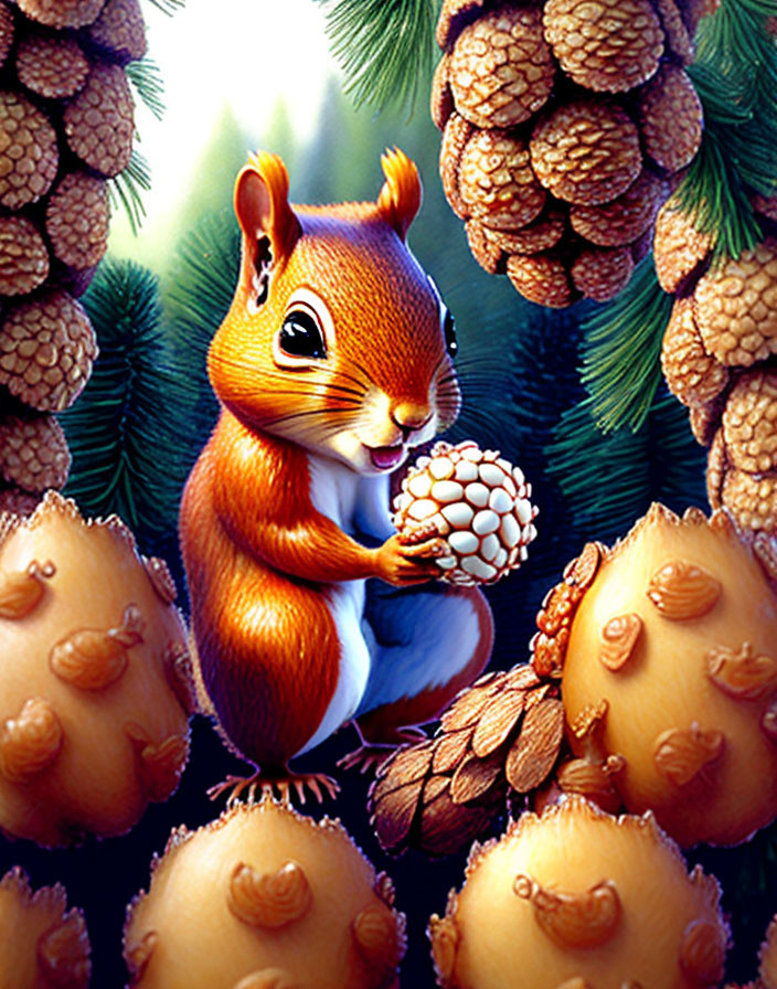 Smiling squirrel with pine cone and acorns in pine branch setting