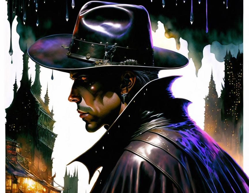 Dark vigilante in wide-brimmed hat and cape in gothic cityscape