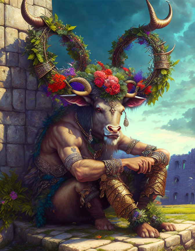 Fantasy illustration: Minotaur with flowers and jewelry by stonework castle