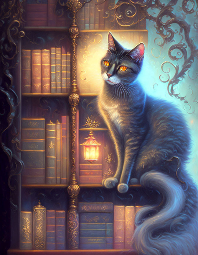 Mystical cat with glowing eyes on books pile in vintage library