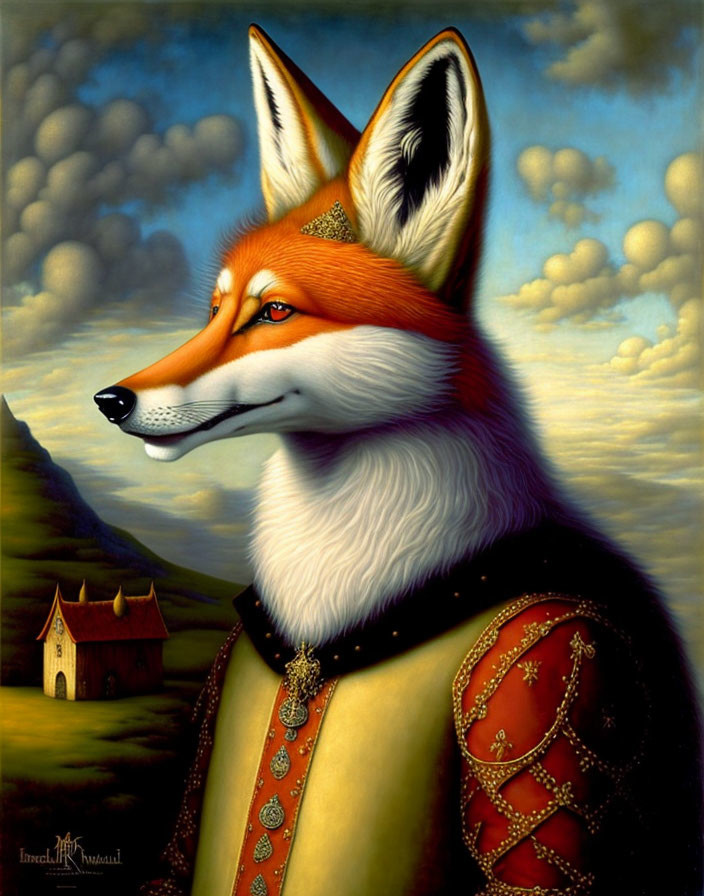 Regal Fox in Renaissance Attire with Golden Collar and Cloudy Church Backdrop