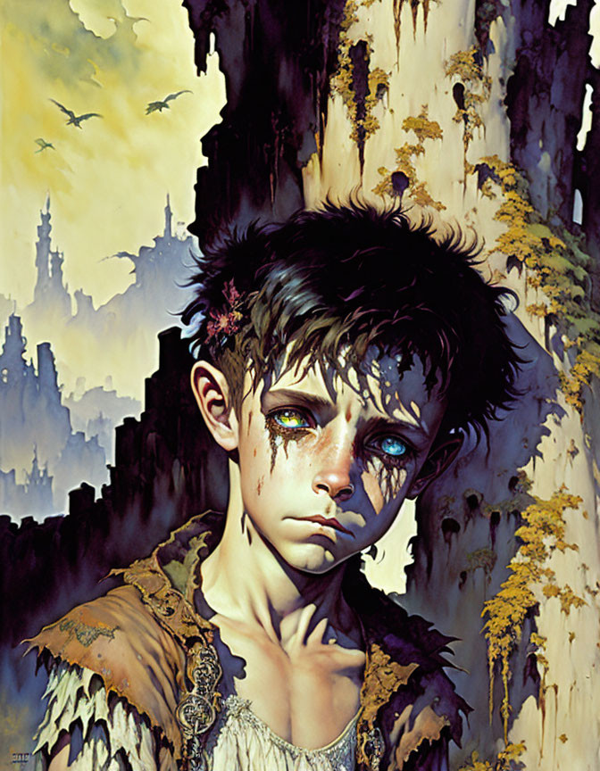 Dark-haired boy with blue eyes and black streaks, set against decaying gothic architecture