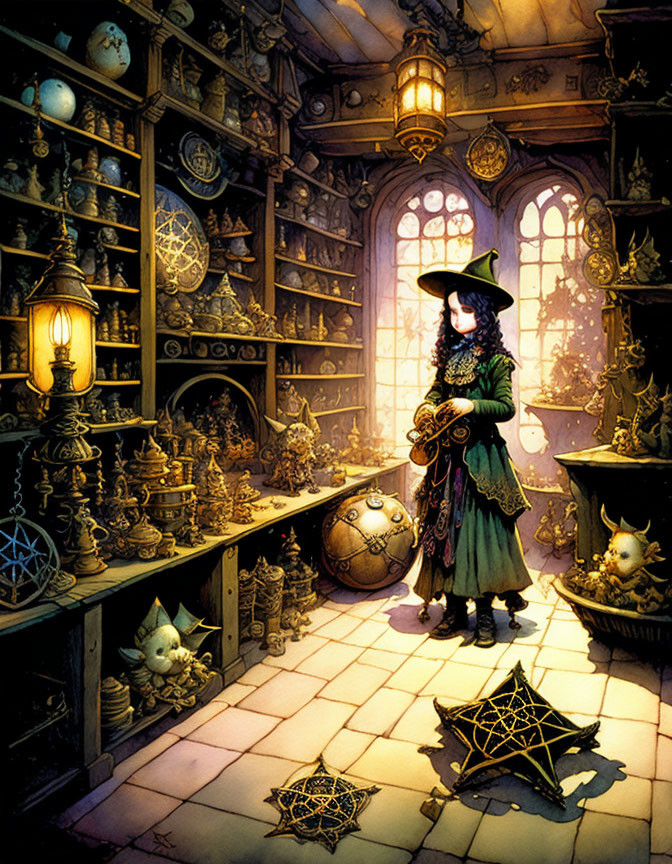 Witch in magical store with enchanted items and creatures