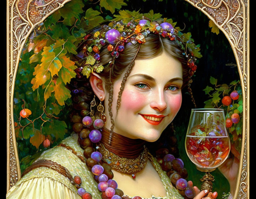 Smiling woman with grapevines, autumn leaves, wine glass, and ornate background