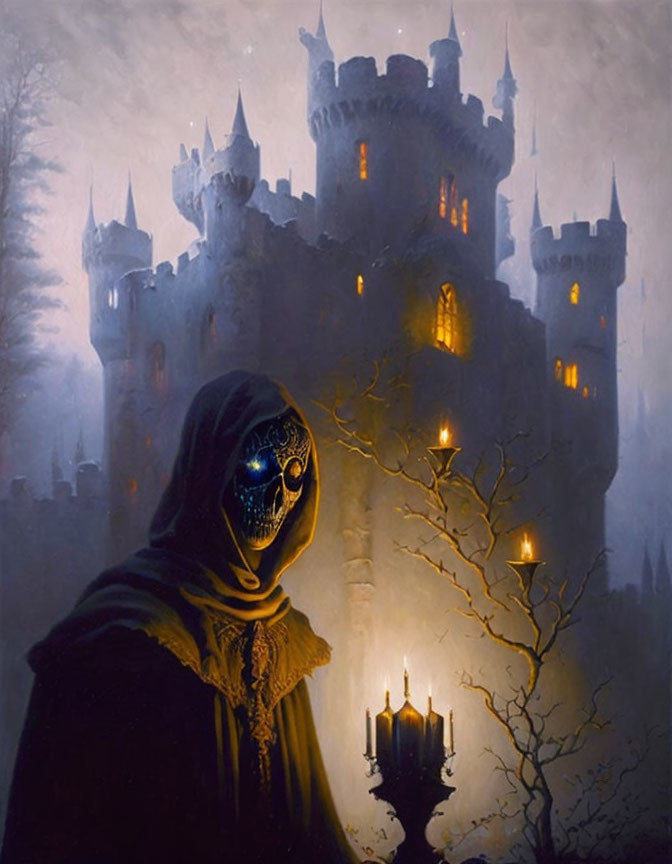 Glowing skull figure with candelabra in front of misty castle at twilight