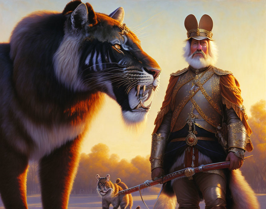 Elderly man in military attire with sword beside colossal tiger at sunset